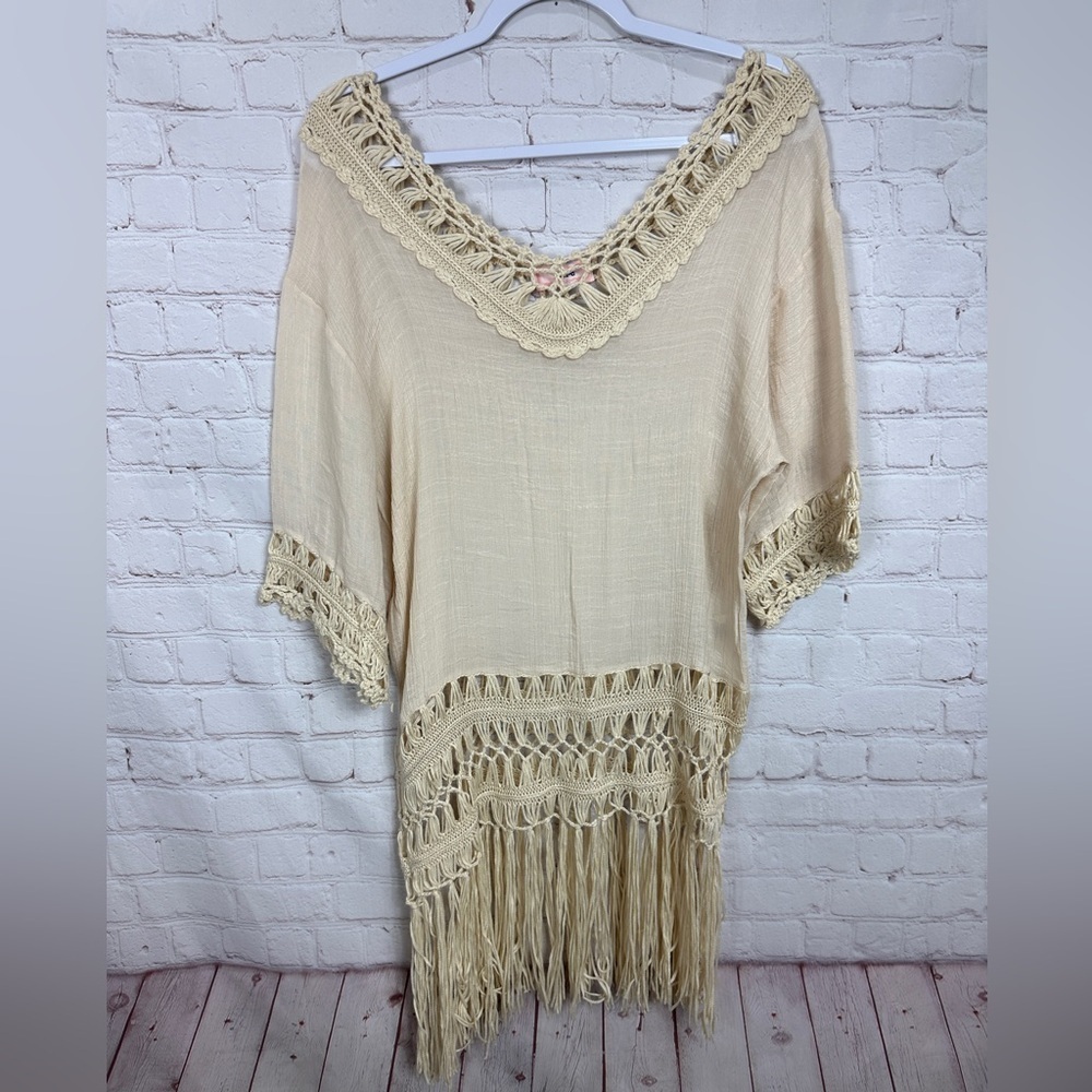 Hera Collection‎ sheer crochet accents tunic top blouse coverup, sz L, GUC